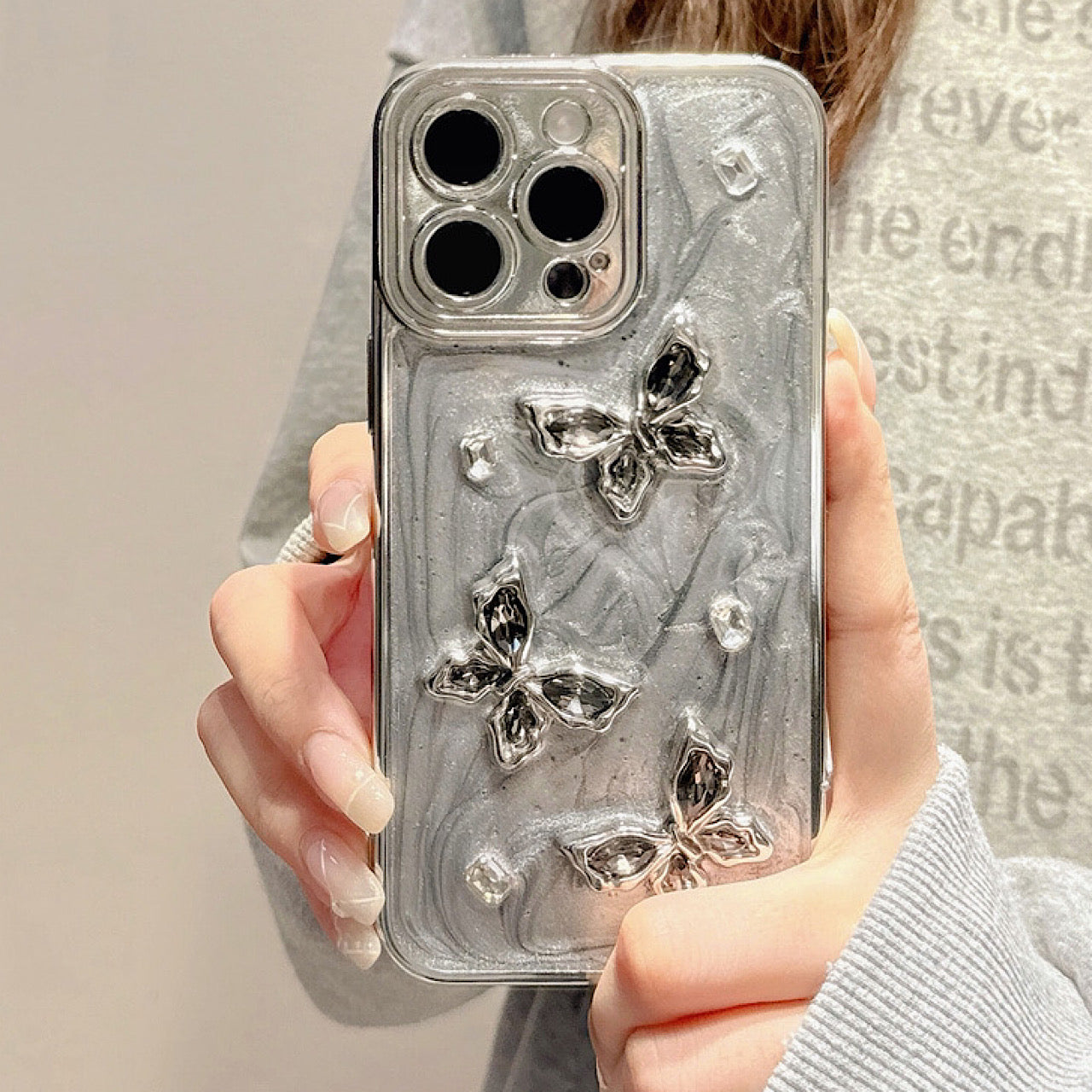 iPhoneケース おしゃれ 立体 蝶々 グレー スマホケース