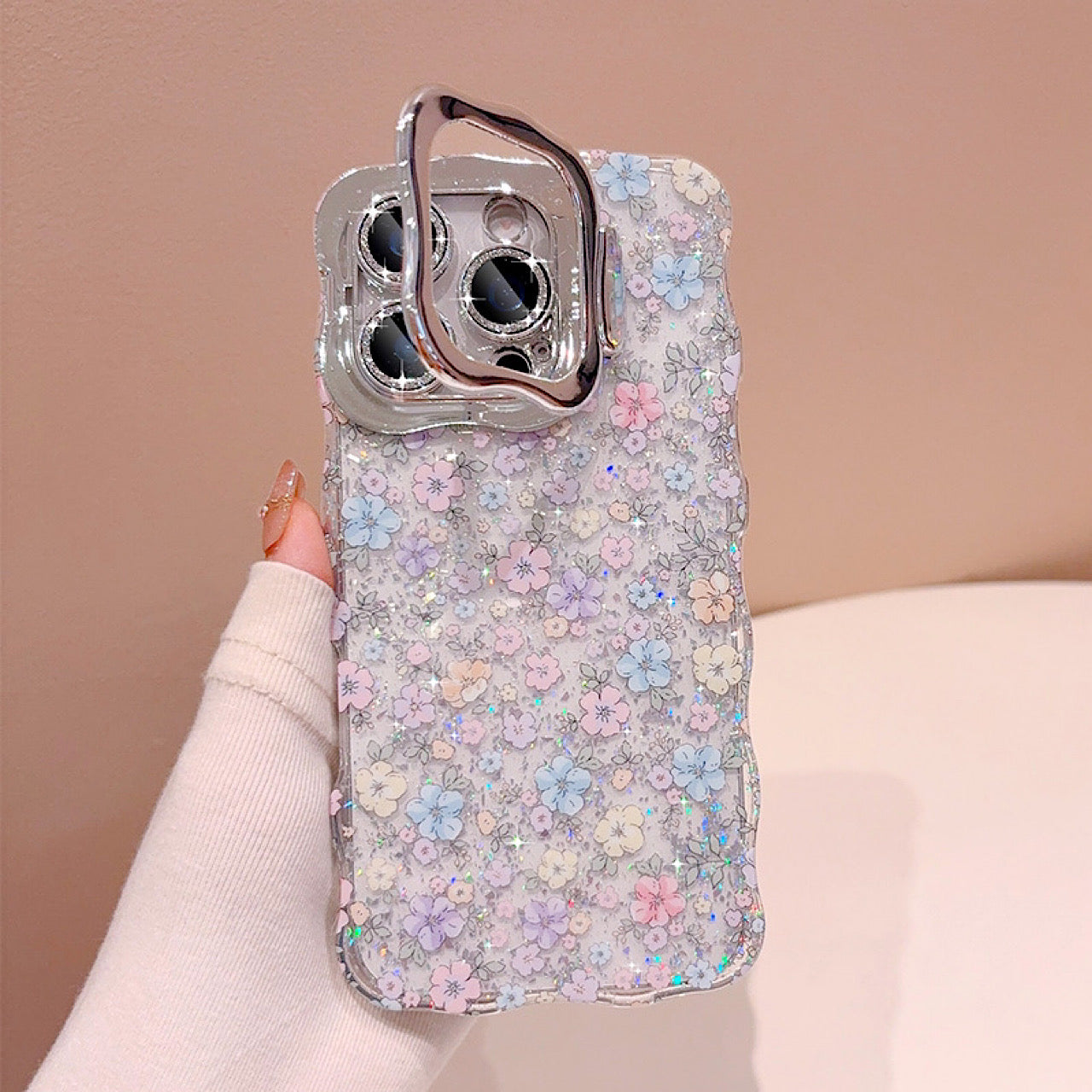 iPhoneケース キラキラ フラワー柄  スタンド付き スマホケース