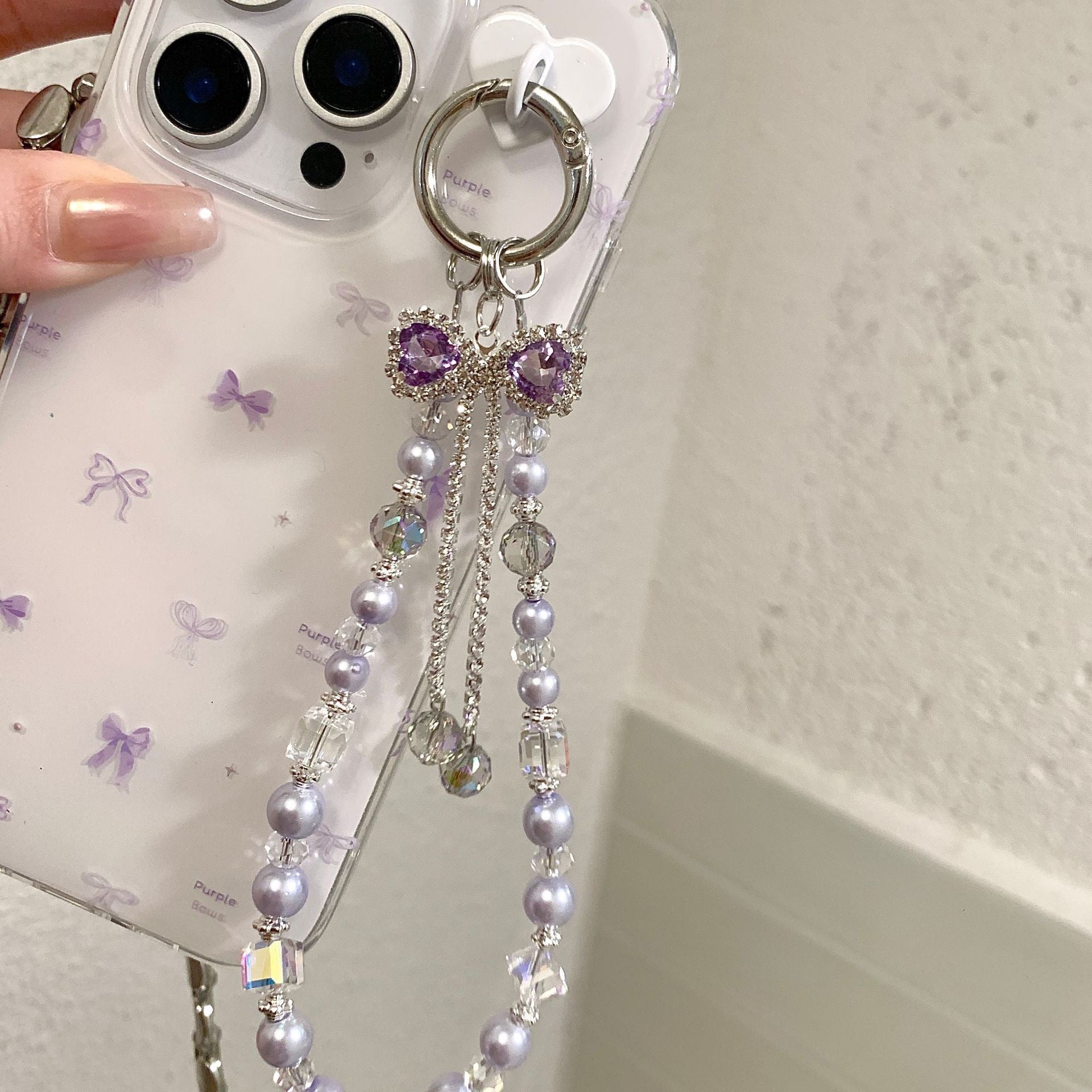 iPhoneケース かわいい パープル リボン チャーム付き スマホケース