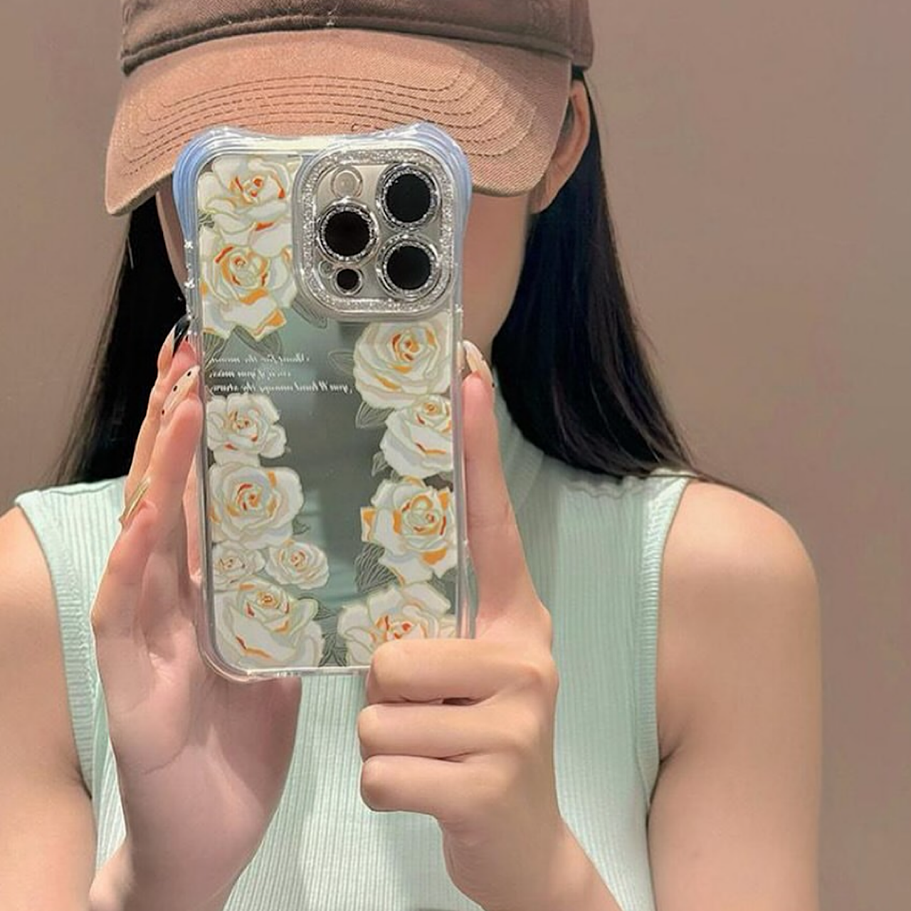 iPhoneケース 大人可愛い ホワイトフラワー ミラー付き スマホケース
