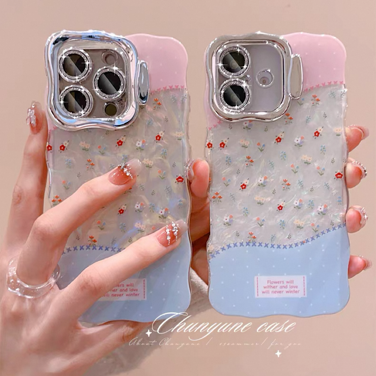 iPhoneケース かわいい フラワー ピンク×ブルー スタンド付き スマホケース