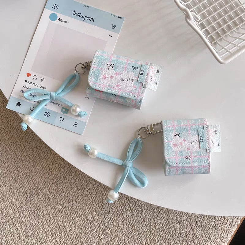 AirPodsケース かわいい ホワイト ねこ リボン ストラップ付き AirPods Proケース
