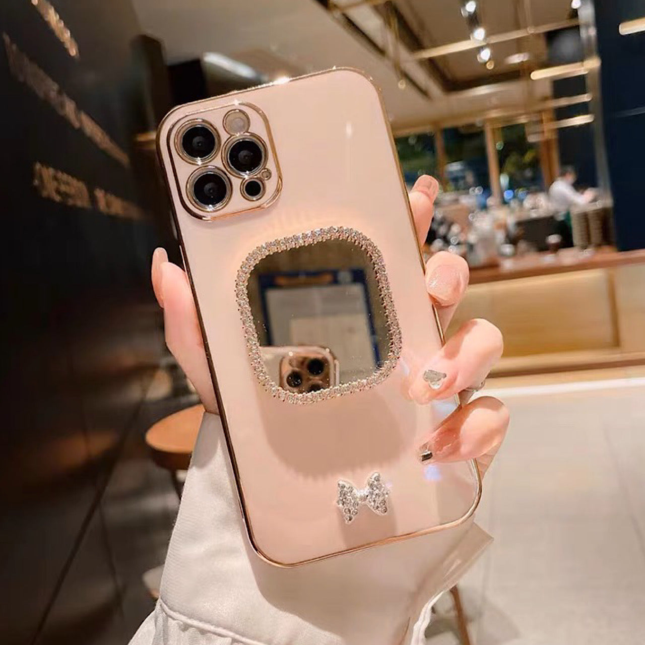 iPhoneケース おしゃれ リボン ミラー付き スマホケース