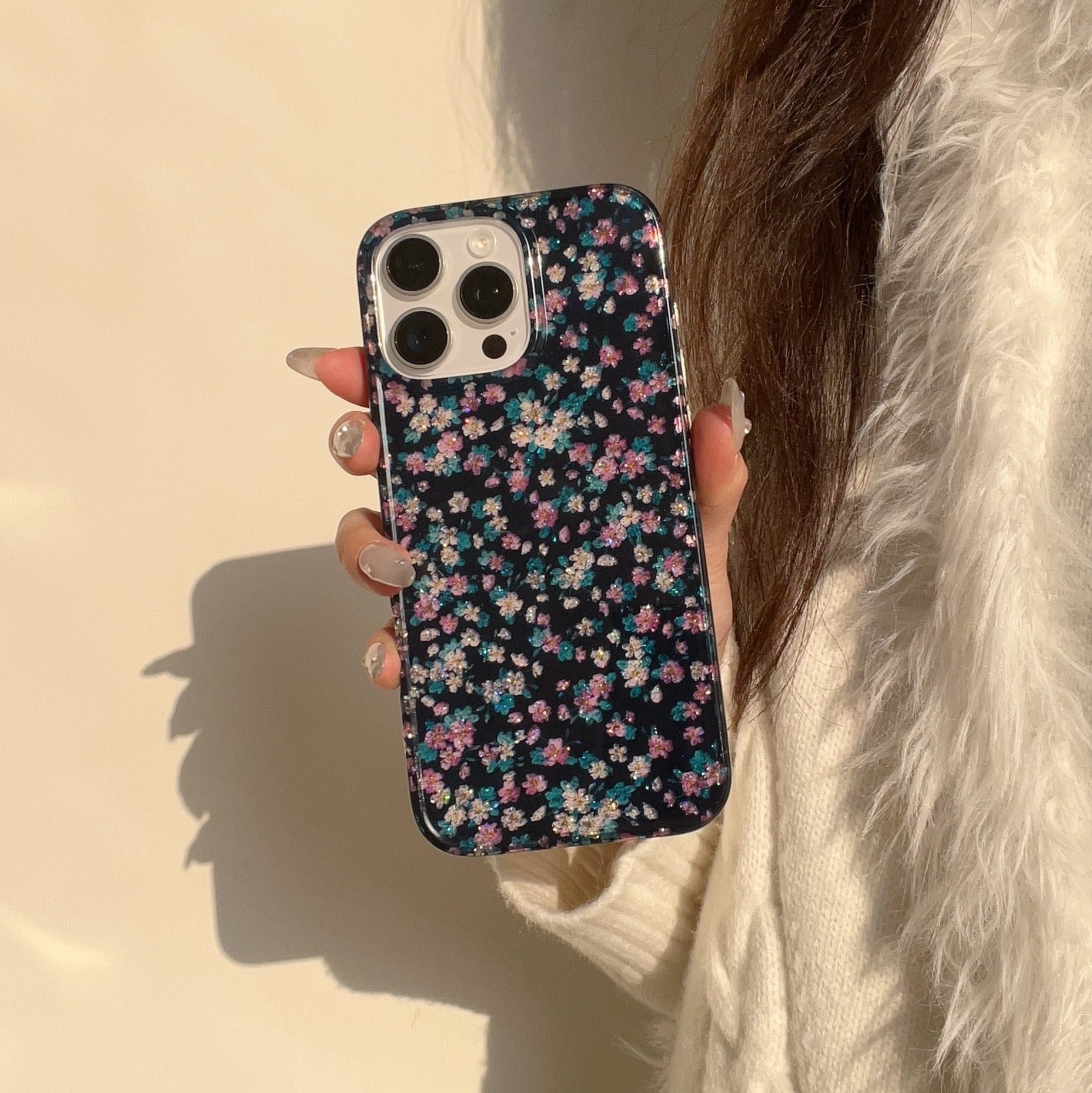 iPhoneケース おしゃれ キラキラ フラワー ブラック スマホケース