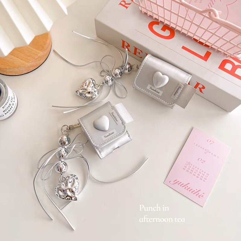 AirPodsケース おしゃれ ハート シルバー ストラップ付き AirPods Proケース