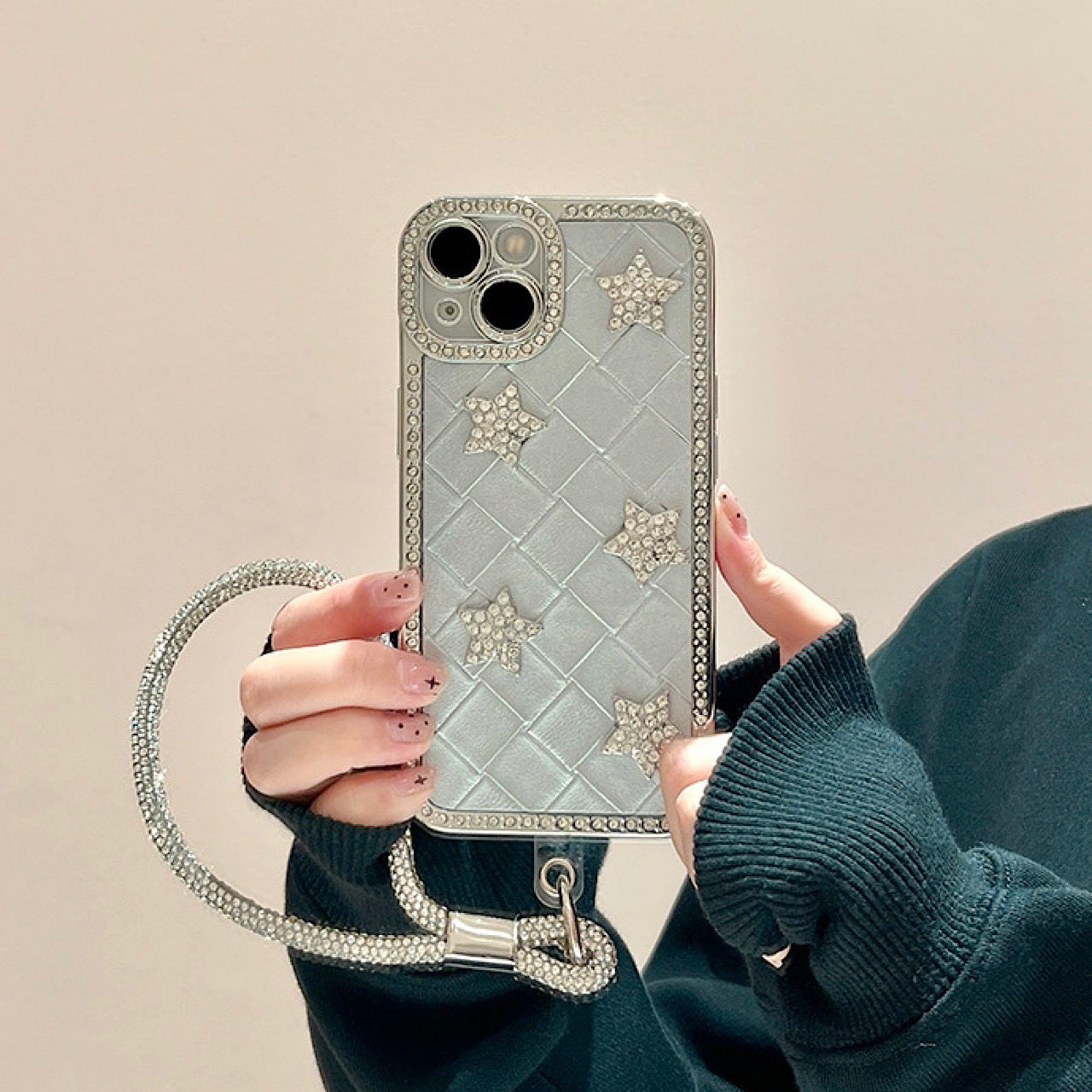 iPhoneケース 立体スター×チェック柄 キラキラ スマホケース