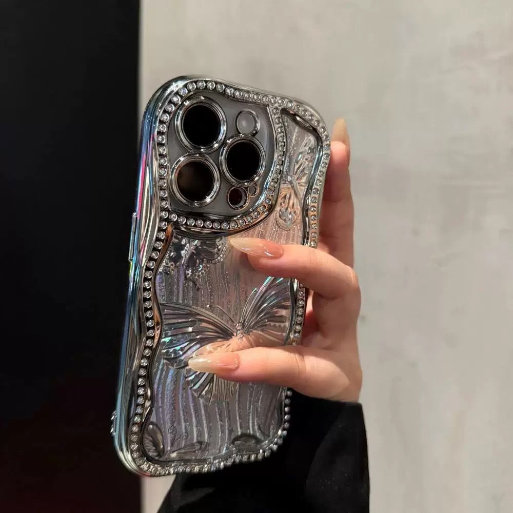 iPhoneケース おしゃれ キラキラ 蝶々 シルバー スマホケース