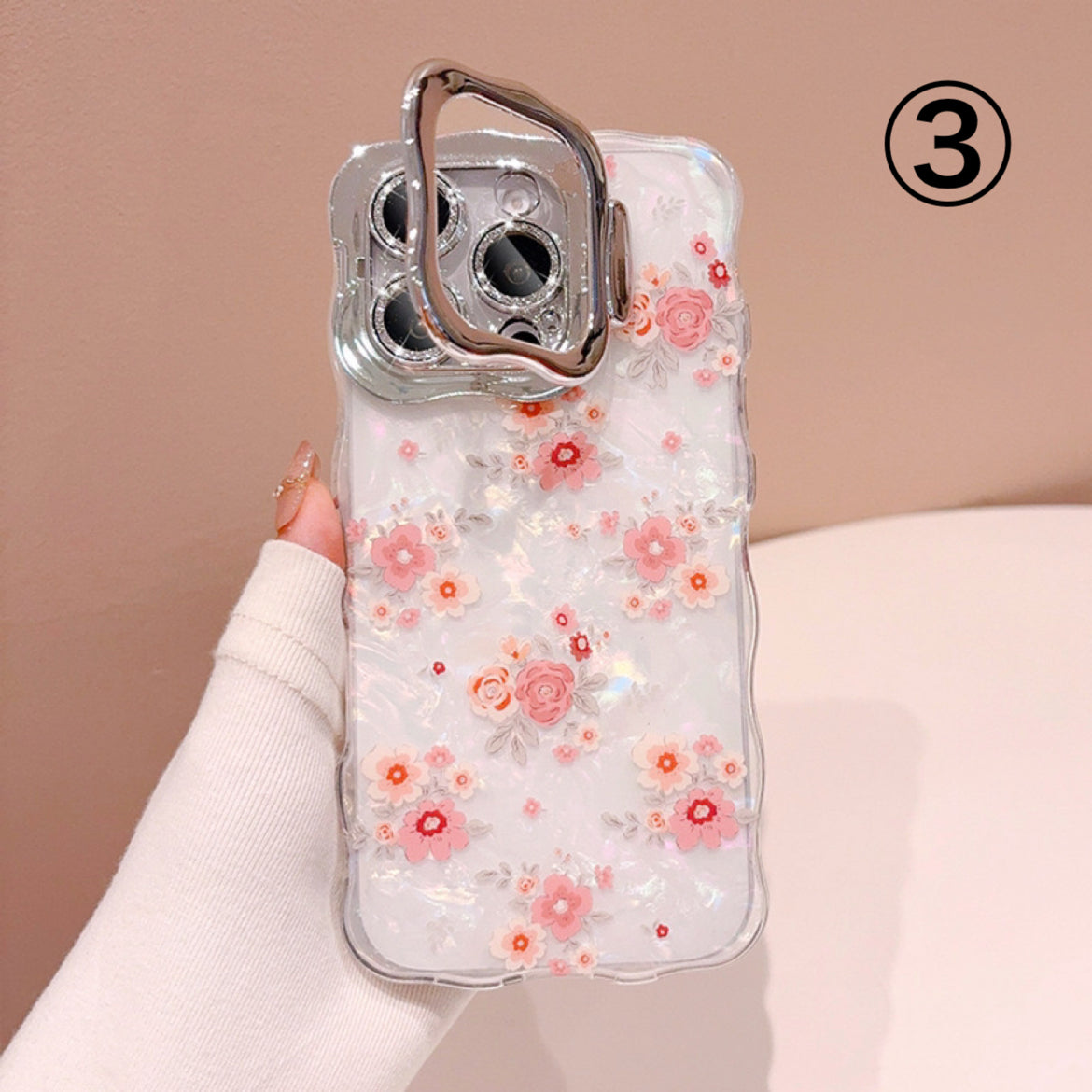 iPhoneケース 小花柄クリア×カメラ保護カバー スマホスタンド スマホケース