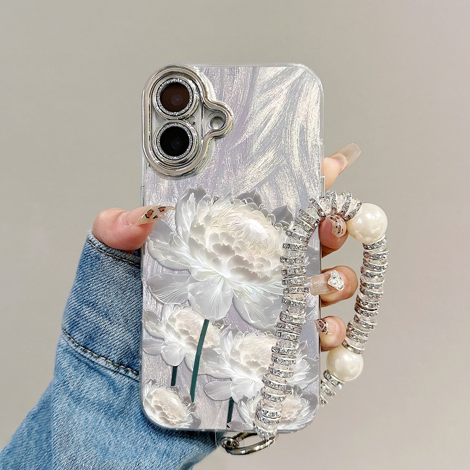 iPhoneケース　両目スタッズ　フラワー iPhoneケース おしゃれ ホワイト フラワー スタンド付き スマホケース