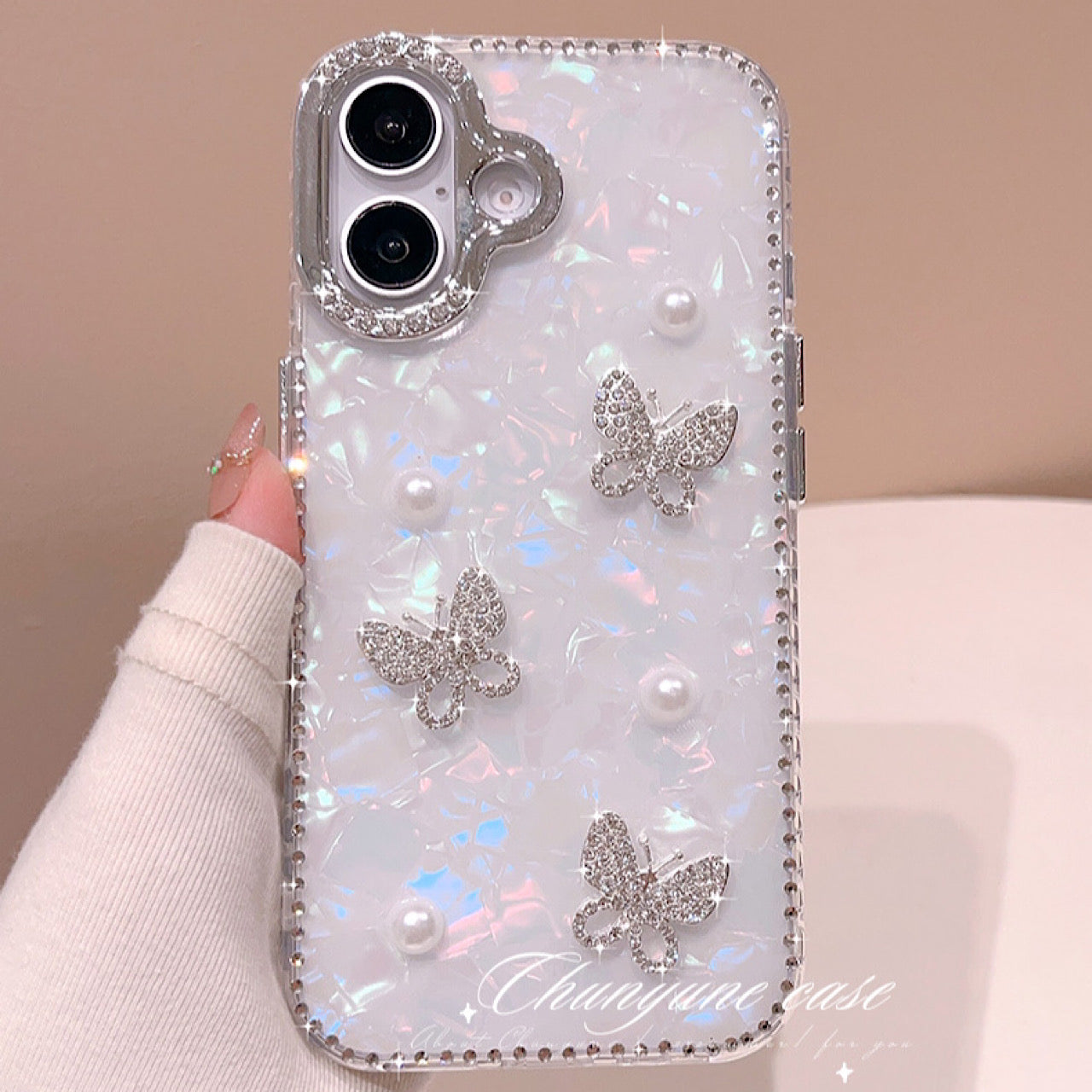iPhoneケース おしゃれ 蝶々 真珠 キラキラ ホワイト スマホケース