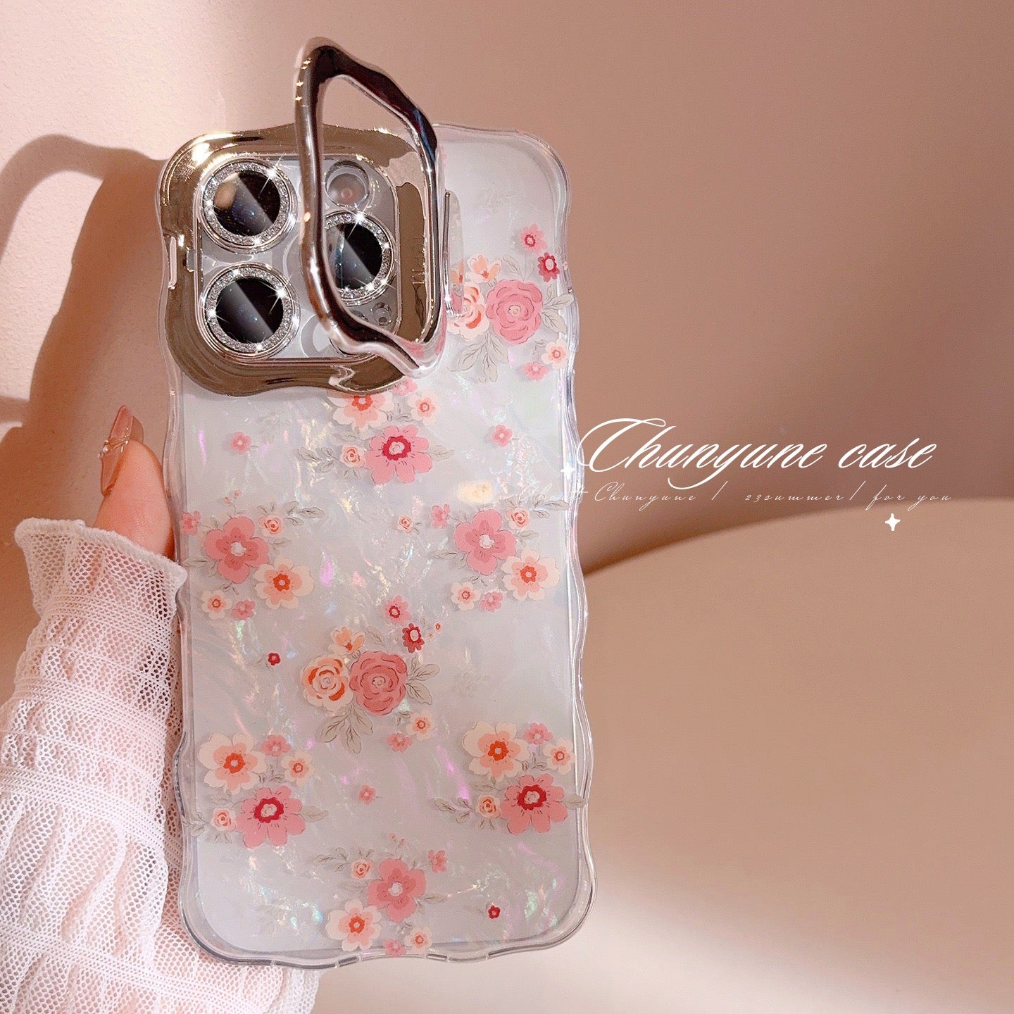 iPhoneケース 小花柄クリア×カメラ保護カバー スマホスタンド スマホケース