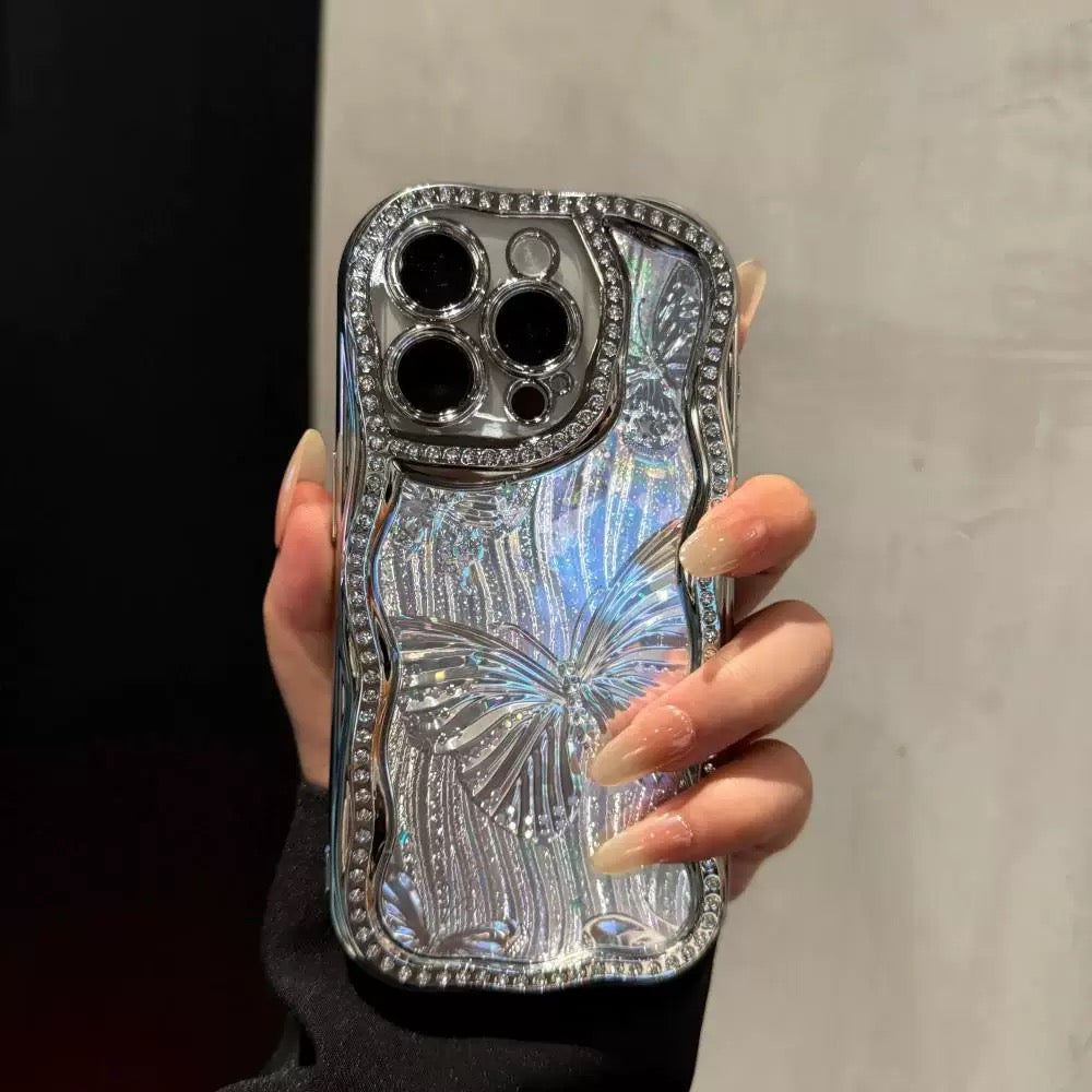 iPhoneケース おしゃれ キラキラ 蝶々 シルバー スマホケース