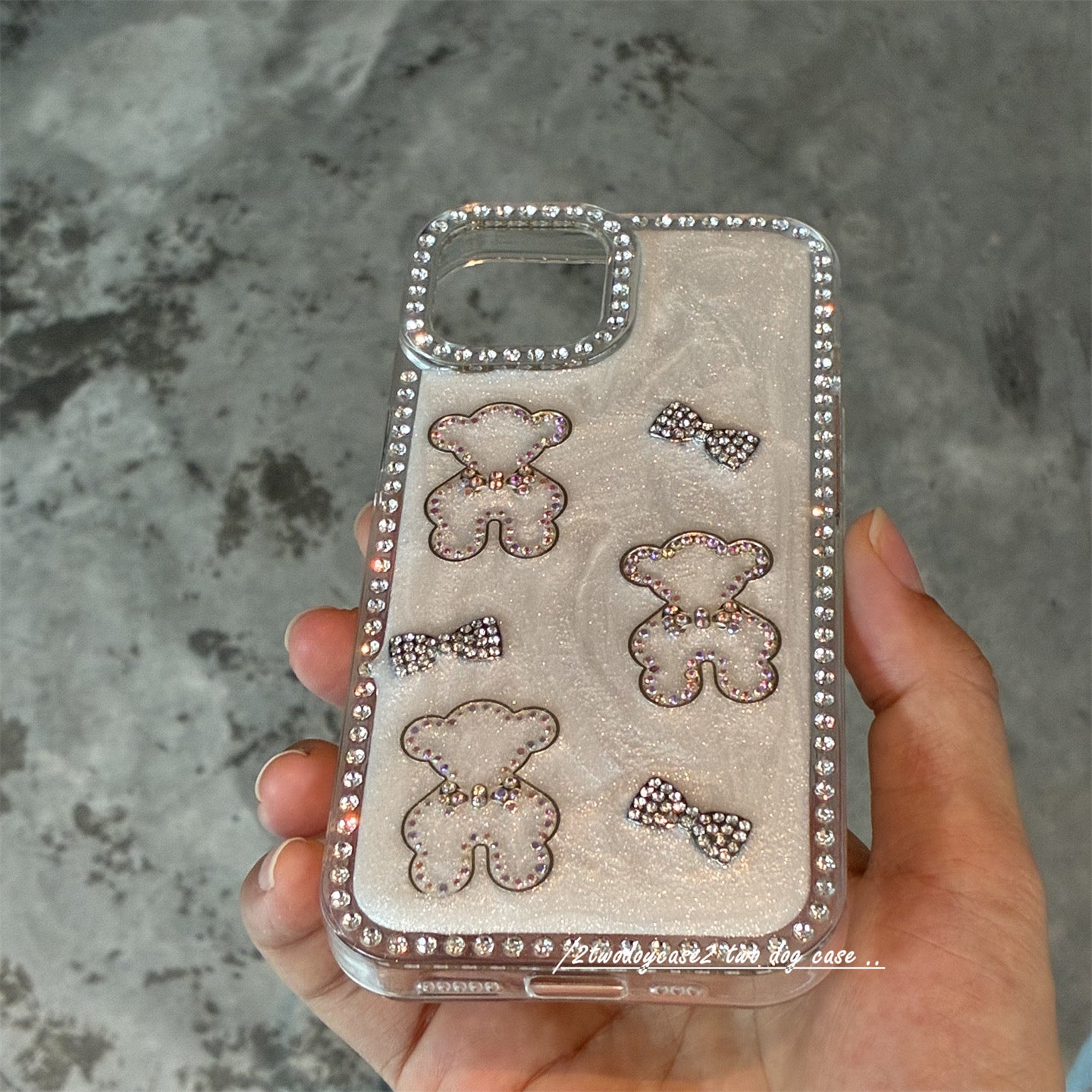 iPhoneケース 立体くま＆キラキラリボン ホワイトラメ スマホケース