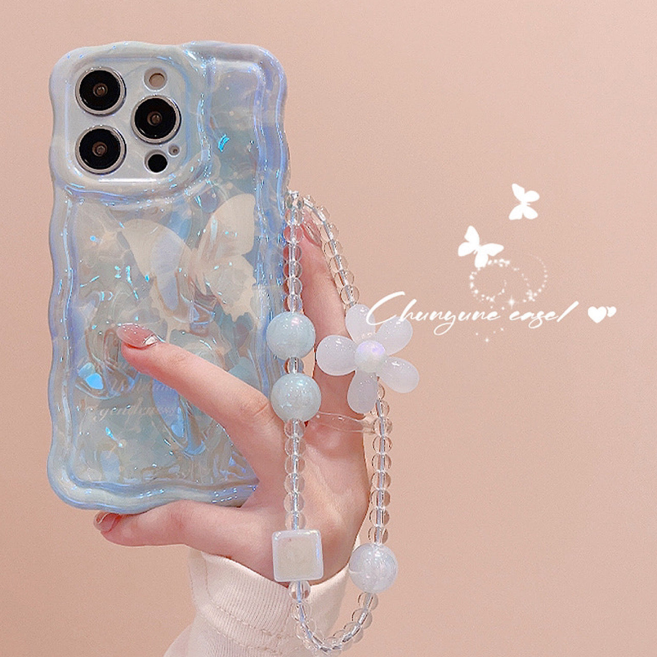 iPhoneケース おしゃれ 蝶々 ブルー×ホワイト スマホケース