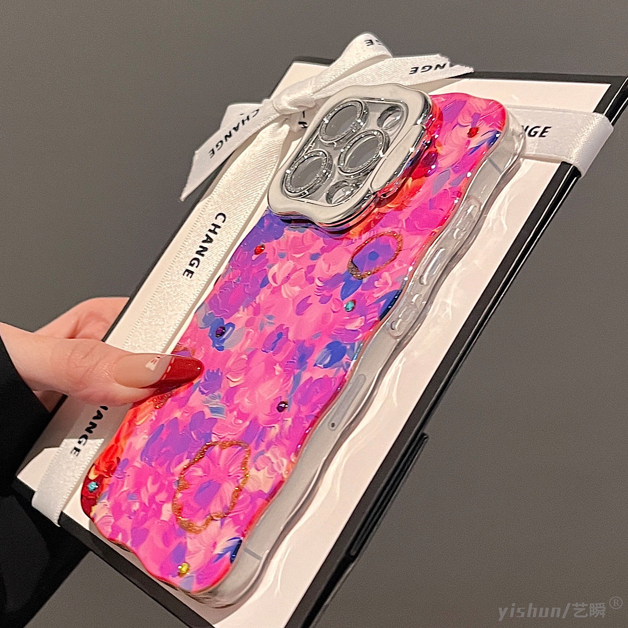 iPhoneケース おしゃれ 絵の具風 カラフル フラワー スタンド付き スマホケース