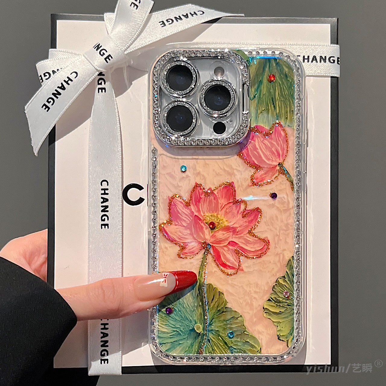 iPhoneケース おしゃれ 蓮の花 キラキラ ジュエル付き スマホケース