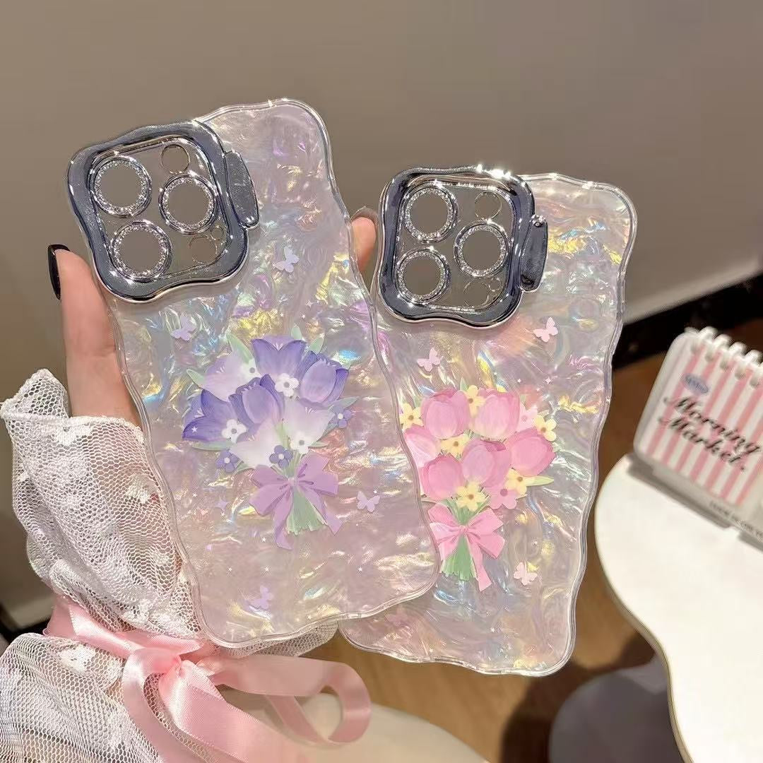 iPhoneケース シェル風 クリア×花束リボンデザイン スマホスタンド スマホケース