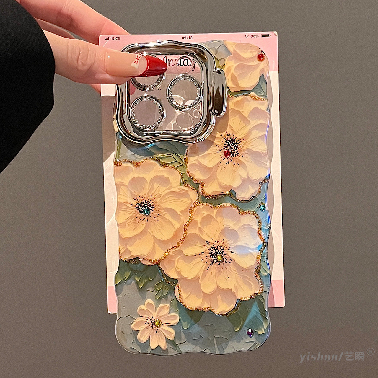 iPhoneケース おしゃれ イエロー フラワー スタンド付き スマホケース