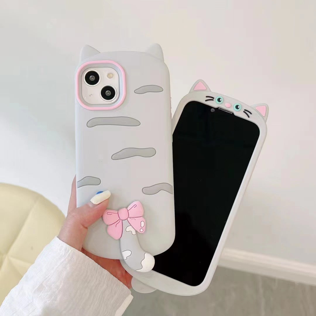iPhoneケース 立体ねこ耳しっぽ リボン付き スマホケース
