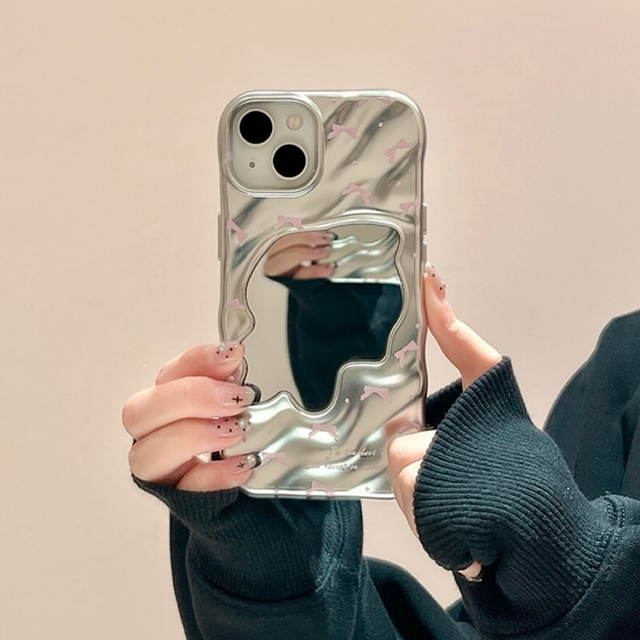 iPhoneケースシルバーウェーブ×ピンクリボン おしゃれ スマホケース