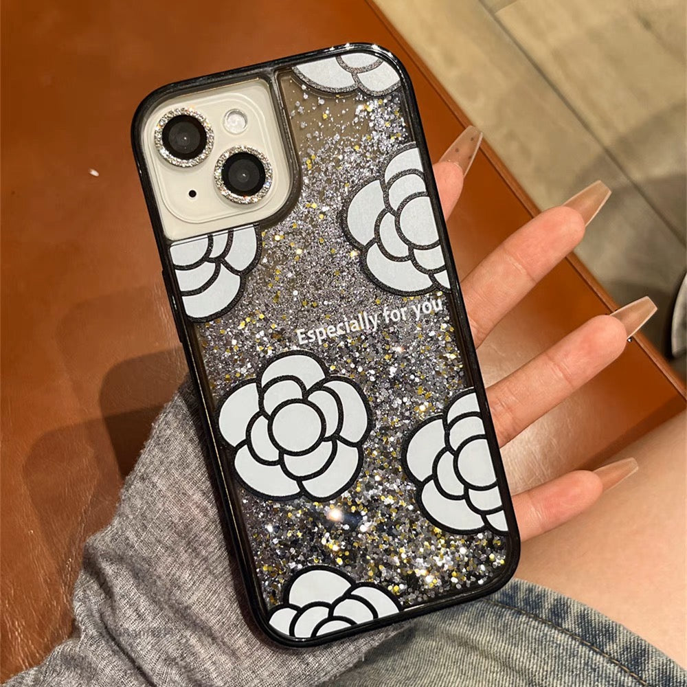 iPhoneケース おしゃれ ホワイト フラワー キラキラ ブラック スマホケース