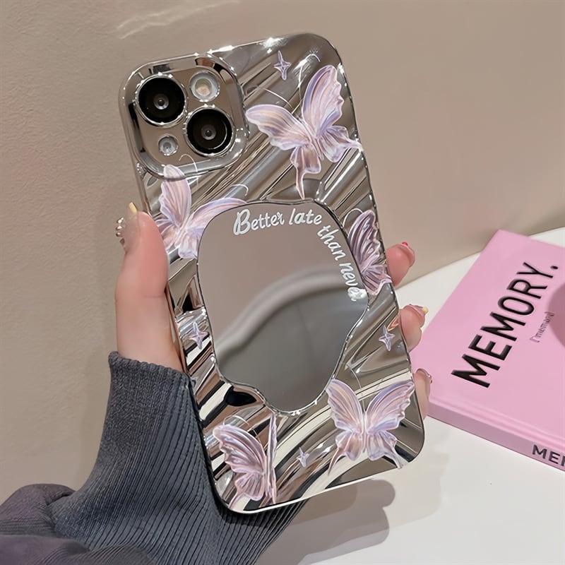 iPhoneケース 鏡付き おしゃれ 蝶々 シルバー スマホケース