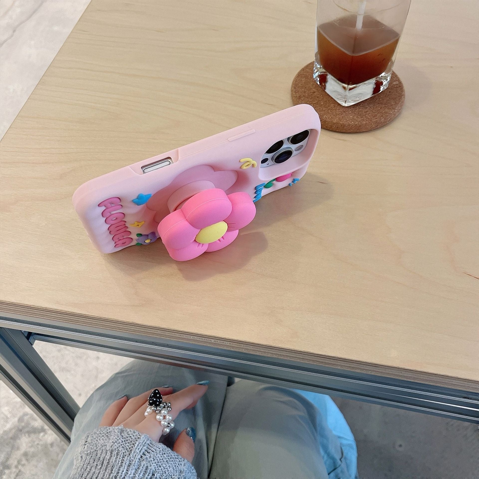 iPhoneケース かわいい ピンク フラワー スタンド付き スマホケース