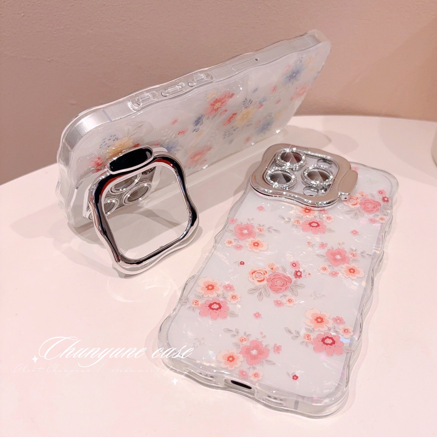 iPhoneケース 小花柄クリア×カメラ保護カバー スマホスタンド スマホケース