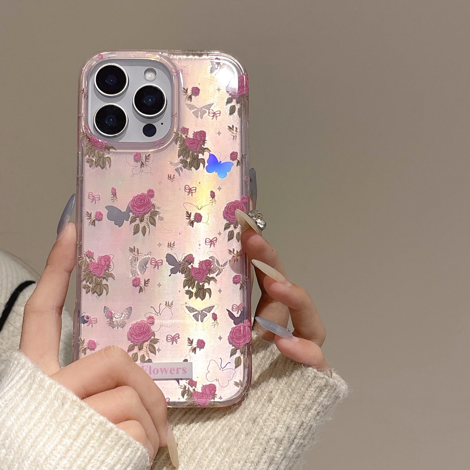 iPhoneケース おしゃれ ローズフラワー 蝶々 ピンク スマホケース