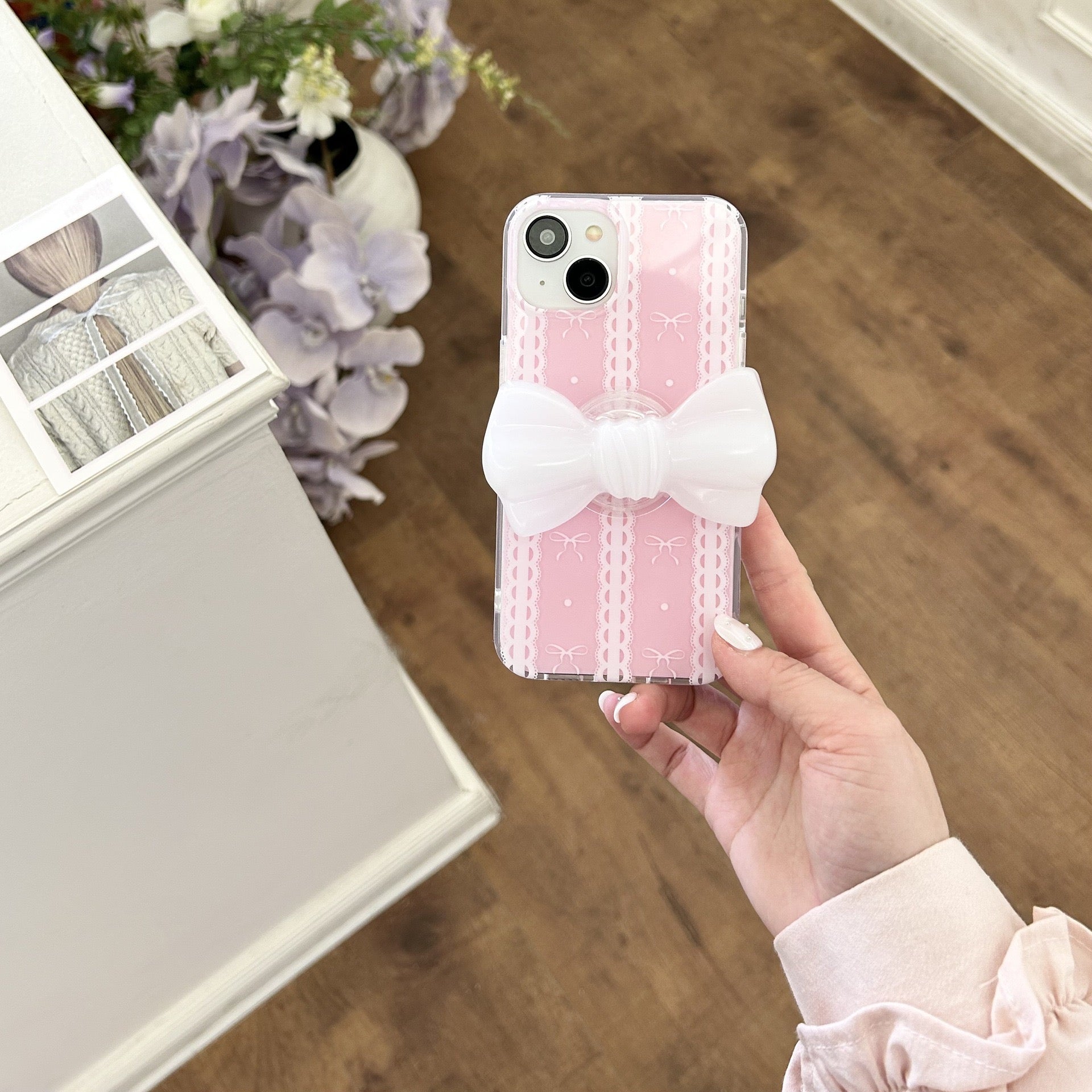 iPhoneケース かわいい ピンク リボン 持ち手付き スマホケース