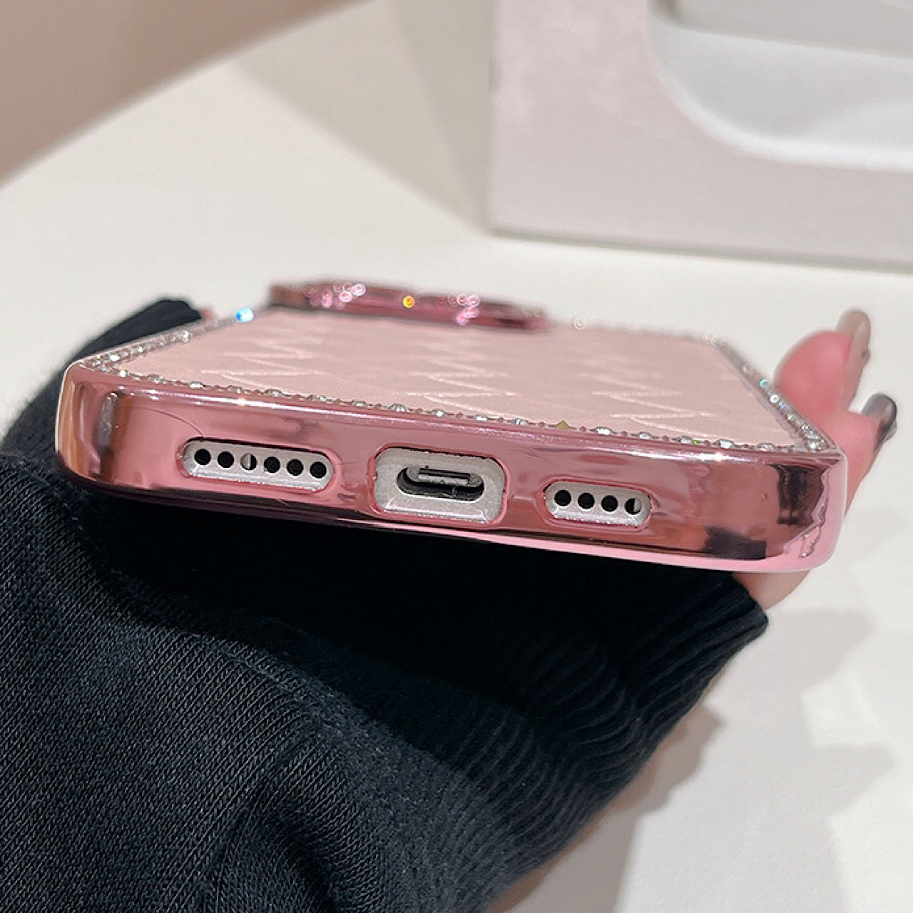 iPhoneケース ピンク ダイヤ風 レザー調 デザイン スマホケース