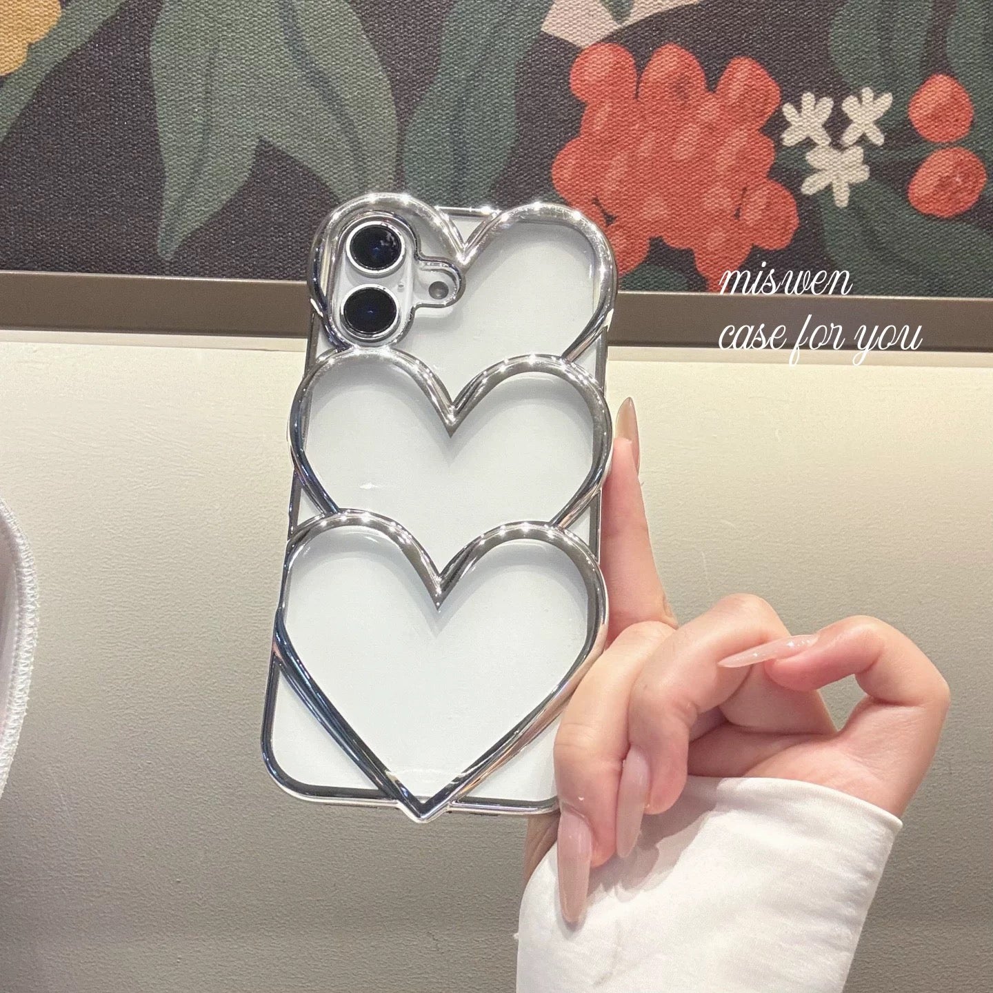 iPhoneケース きらめく シルバー × 三連ハート 透明 クリア スマホケース