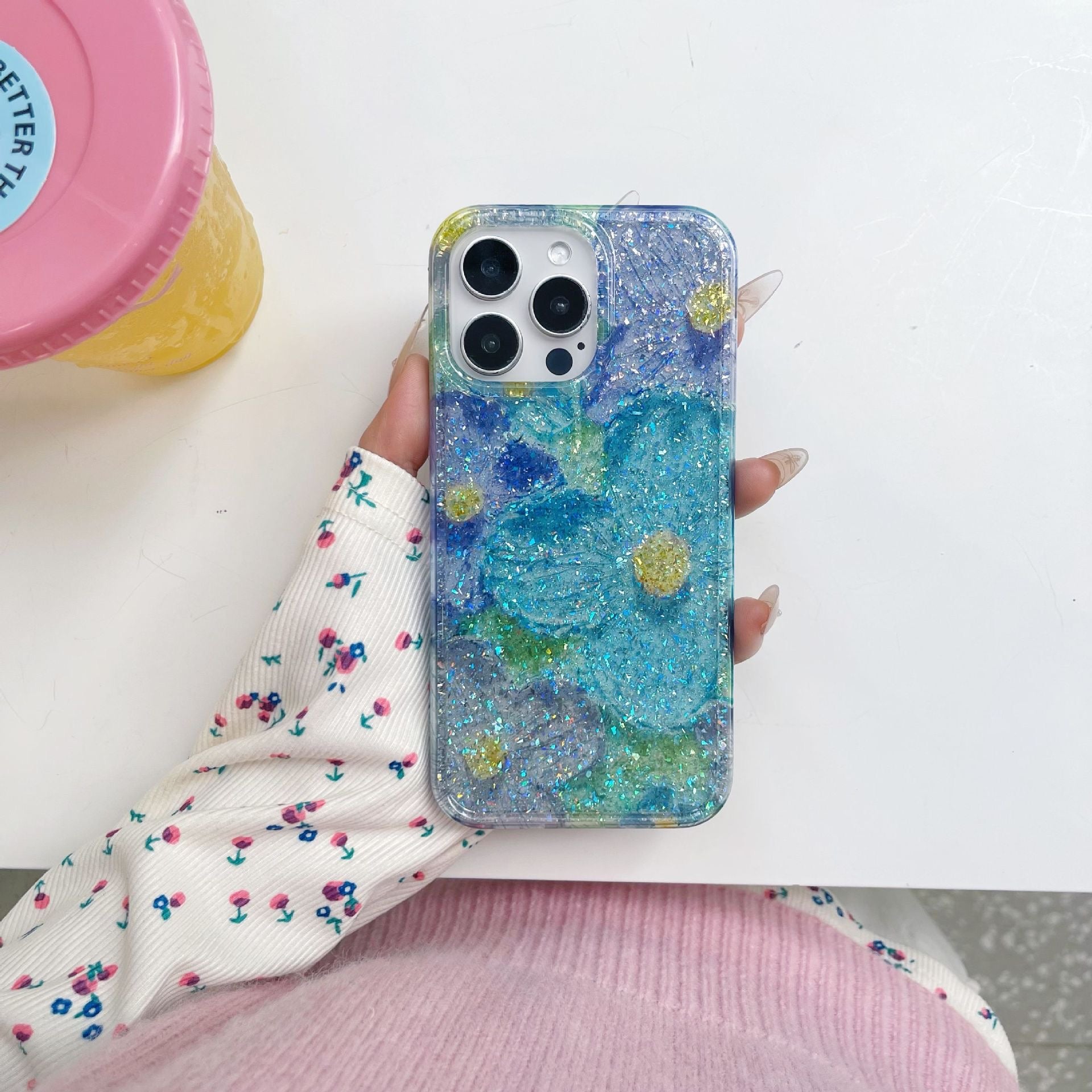 iPhoneケース かわいい お花柄 キラキラ ブルー ピンク　スマホケース