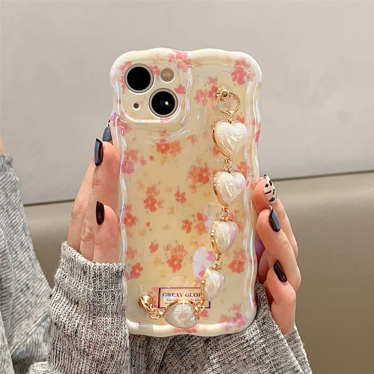 iPhoneケース かわいい フラワー イエロー 持ち手付き スマホケース