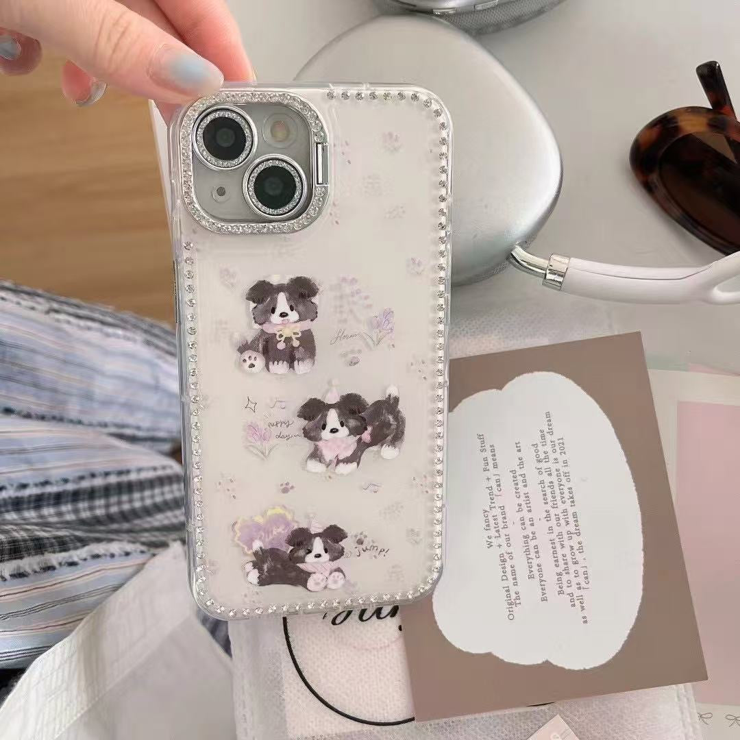 iPhoneケース かわいい 子犬 キラキラ スタンド付き スマホケース