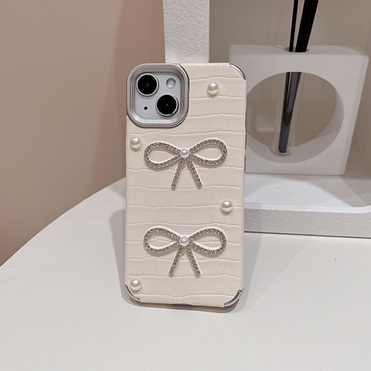 iPhoneケース おしゃれ キラキラ 立体 リボン ホワイト スマホケース