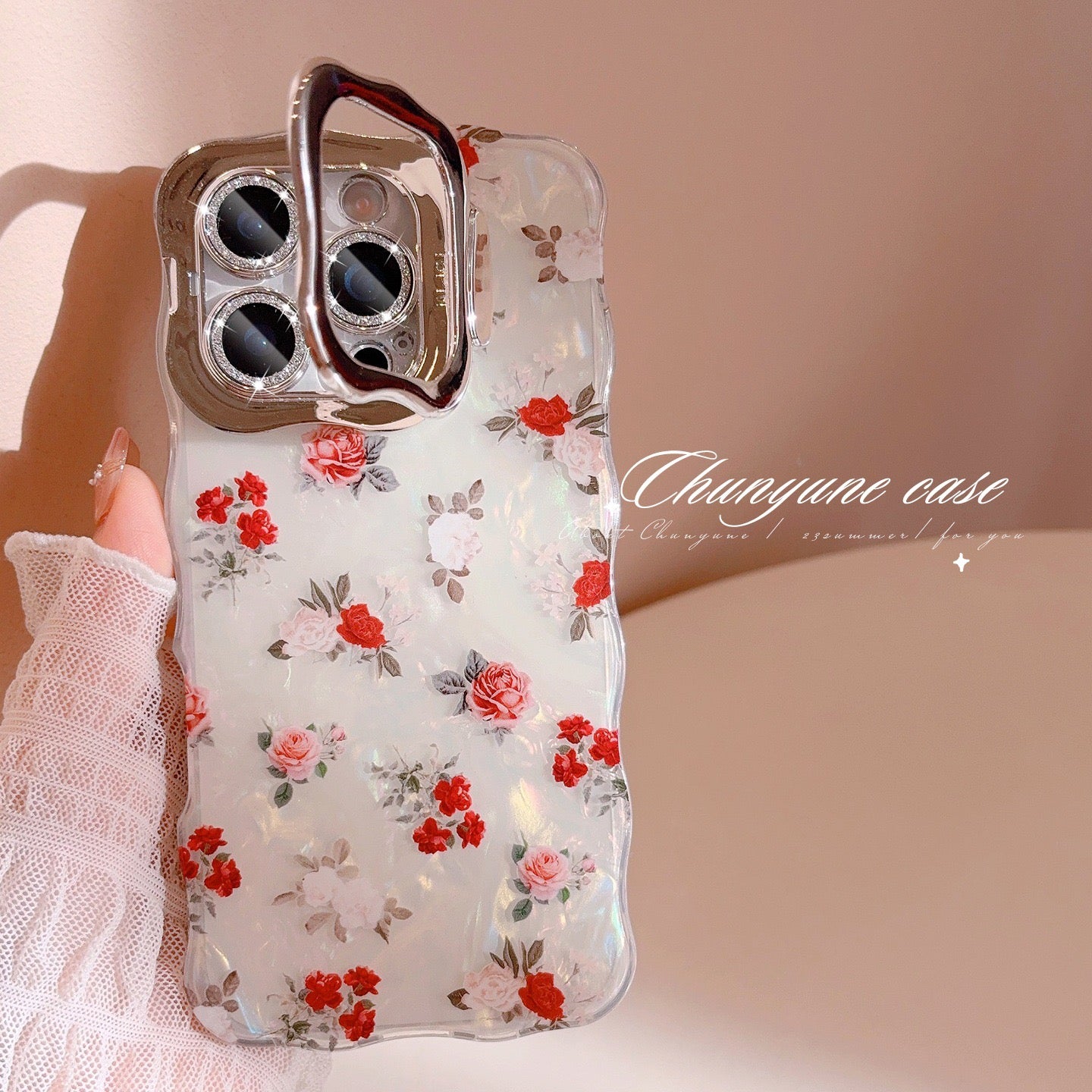 iPhoneケース 小花柄クリア×カメラ保護カバー スマホスタンド スマホケース