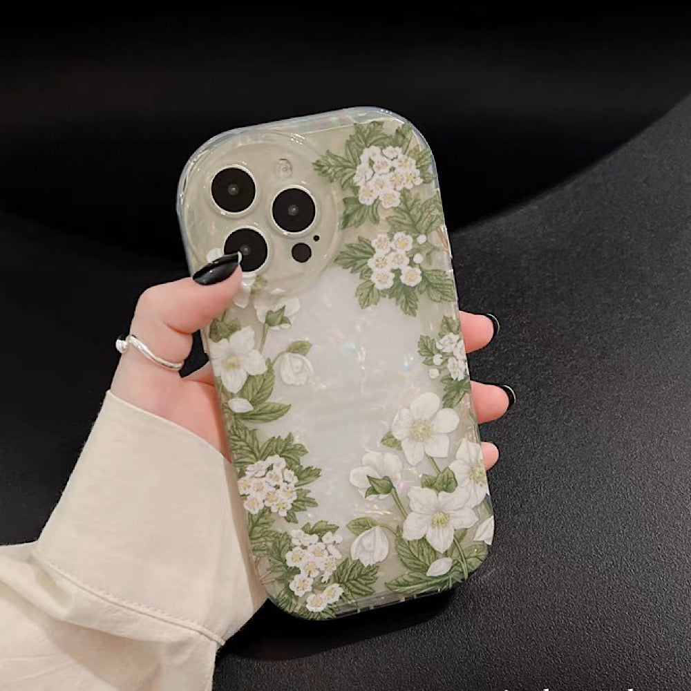 iPhoneケース ホワイト フラワー おしゃれ グリーン スマホケース