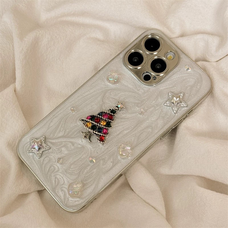 iPhoneケース おしゃれ キラキラ クリスマスツリー ホワイト スマホケース