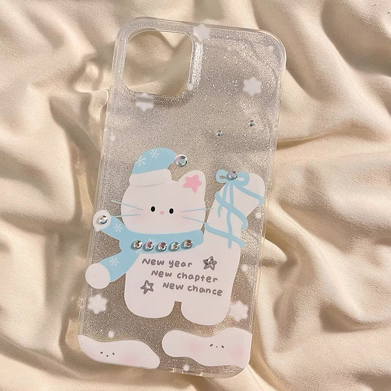 iPhoneケース キラキラ 猫 雪だるま かわいい スマホケース