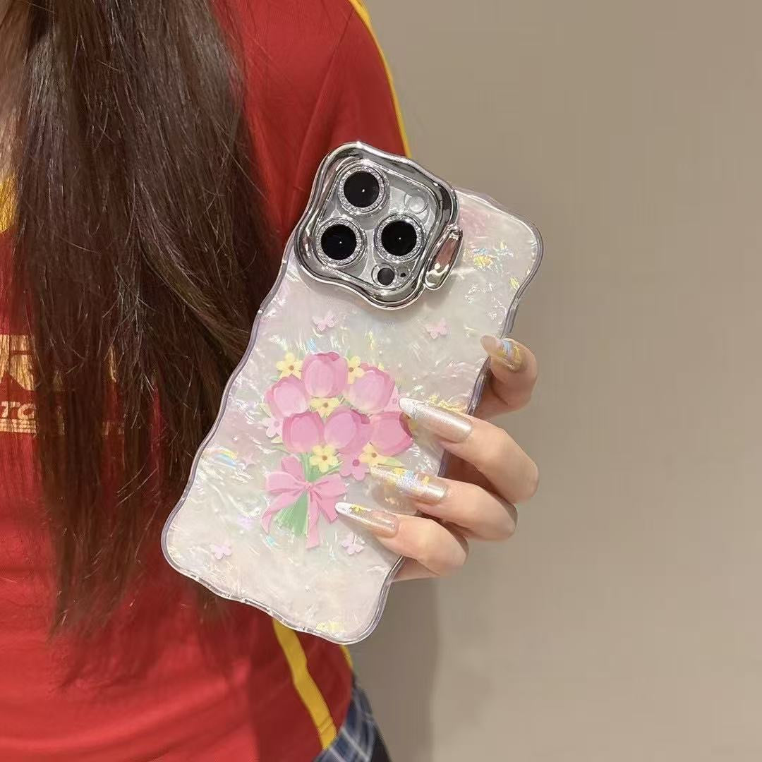 iPhoneケース シェル風 クリア×花束リボンデザイン スマホスタンド スマホケース