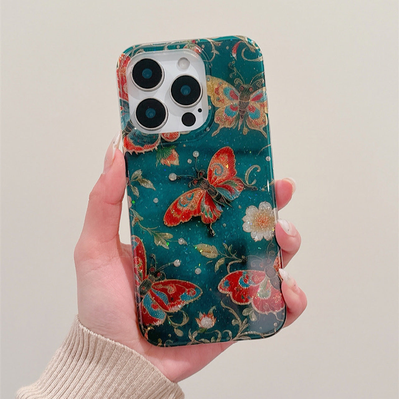 iPhoneケース おしゃれ キラキラ 蝶々 グリーン スマホケース