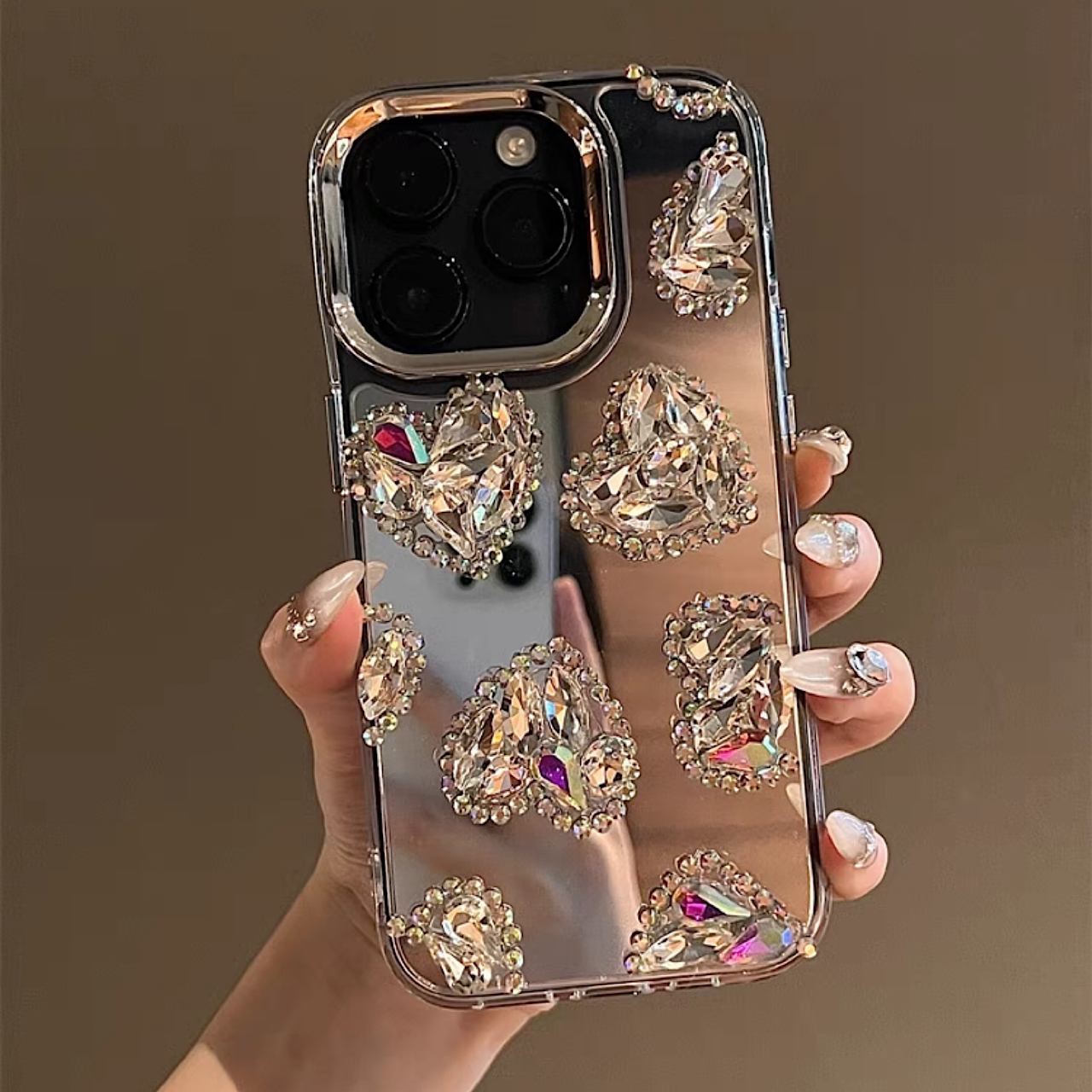 iPhoneケース おしゃれ ホワイト ハート キラキラ ミラー付き スマホケース