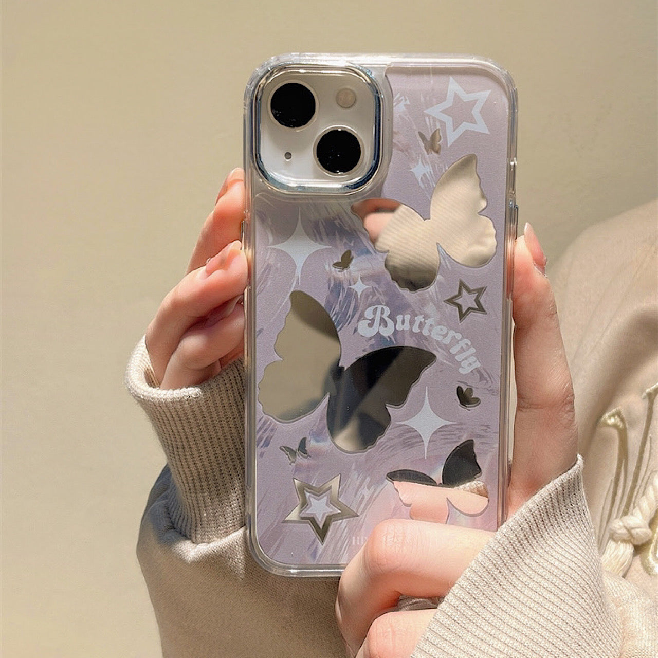 iPhoneケース おしゃれ パープル 蝶々 ミラー付き スマホケース