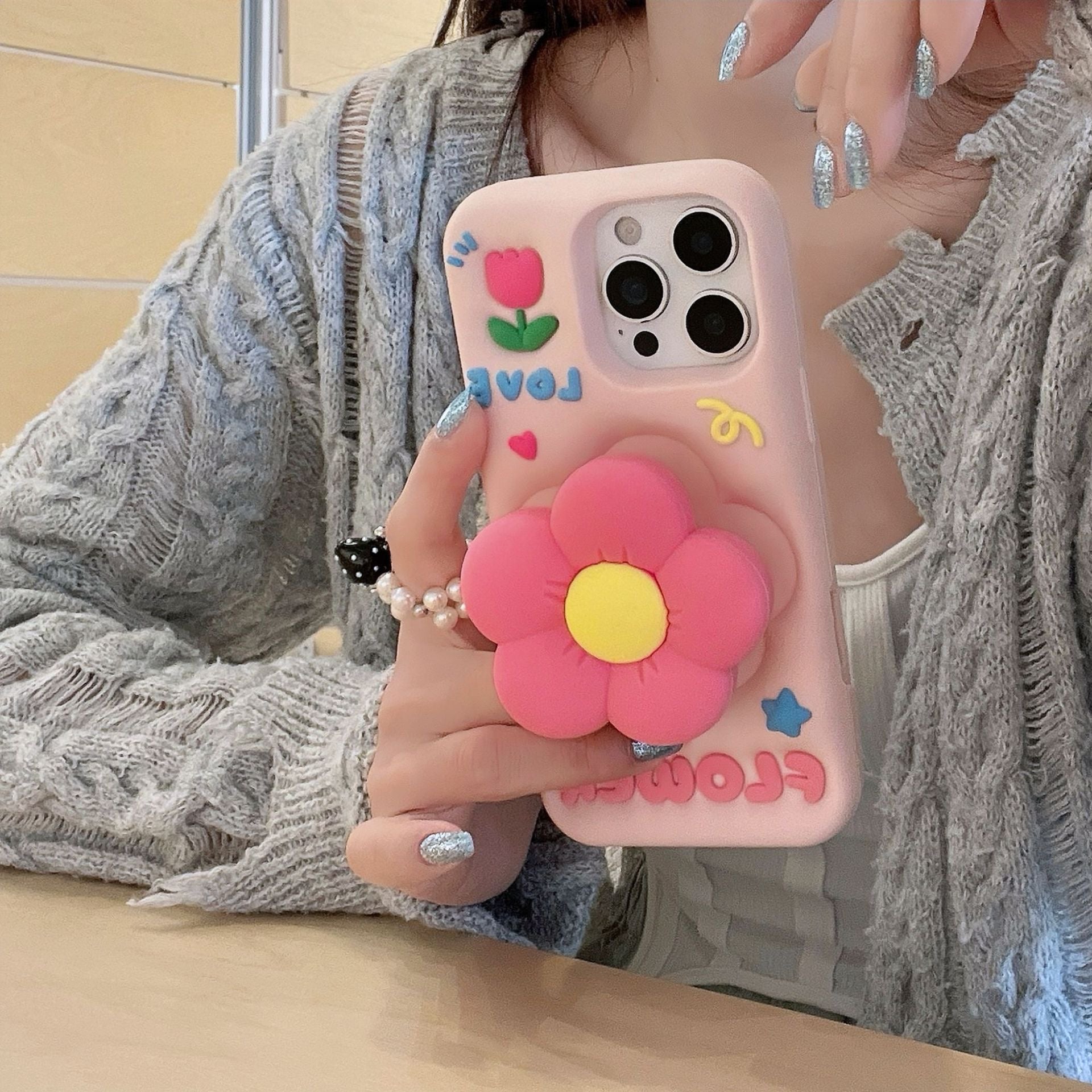 iPhoneケース かわいい ピンク フラワー スタンド付き スマホケース