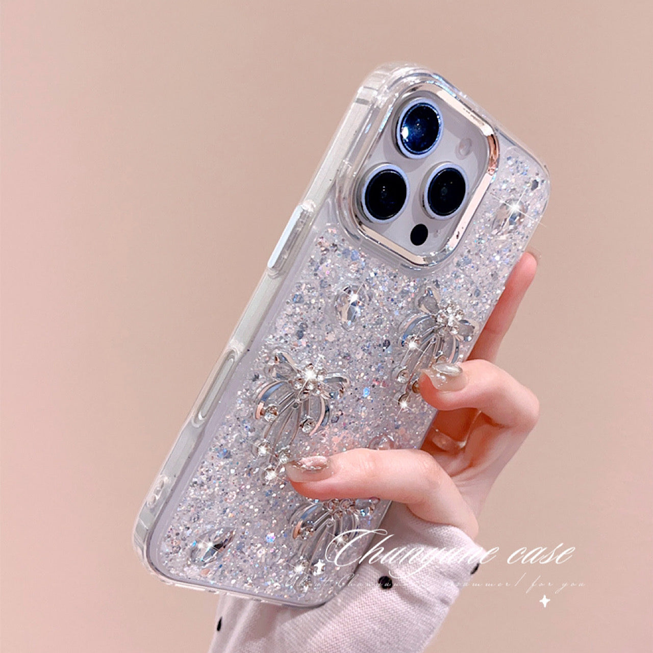 iPhoneケース 立体 シルバー フラワー キラキラ スマホケース