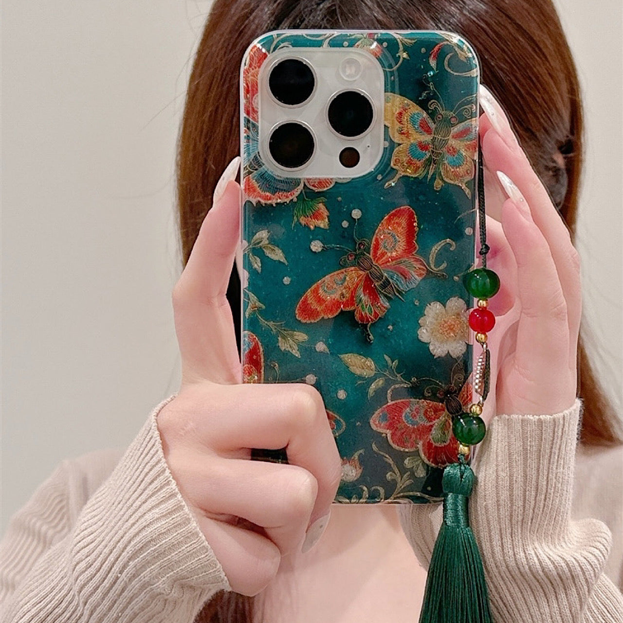 iPhoneケース おしゃれ キラキラ 蝶々 グリーン スマホケース