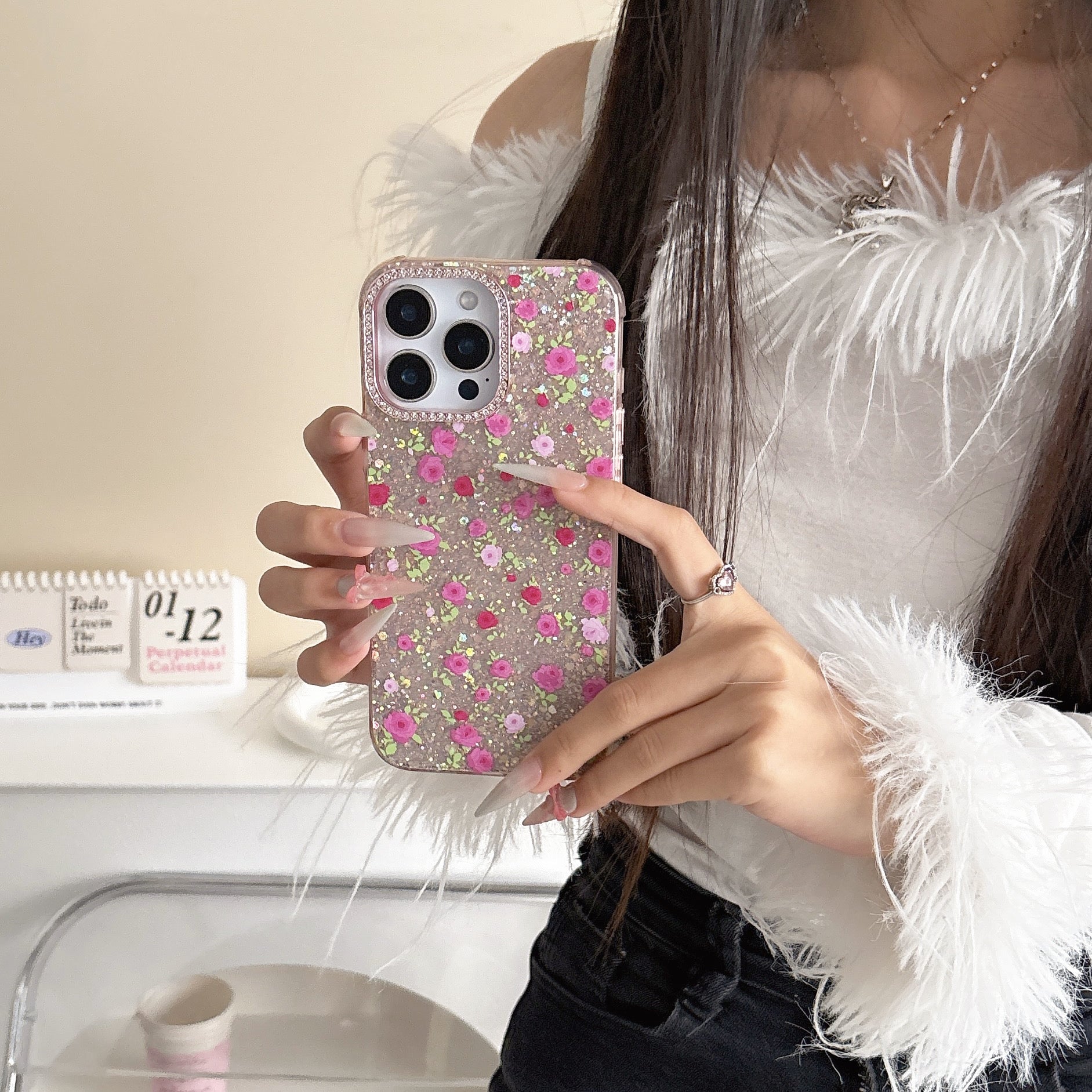 iPhoneケース かわいい ピンク フラワー キラキラ スマホケース