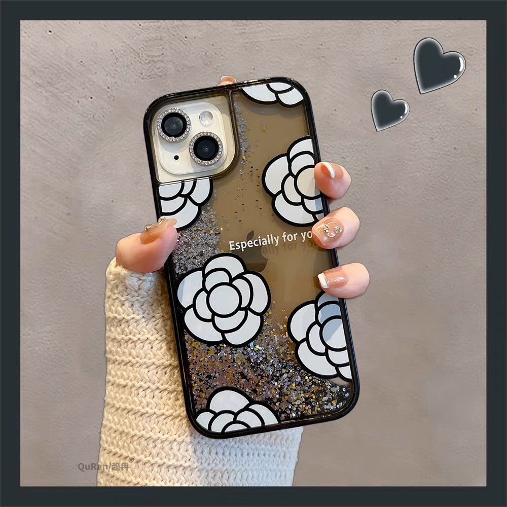 iPhoneケース おしゃれ ホワイト フラワー キラキラ ブラック スマホケース