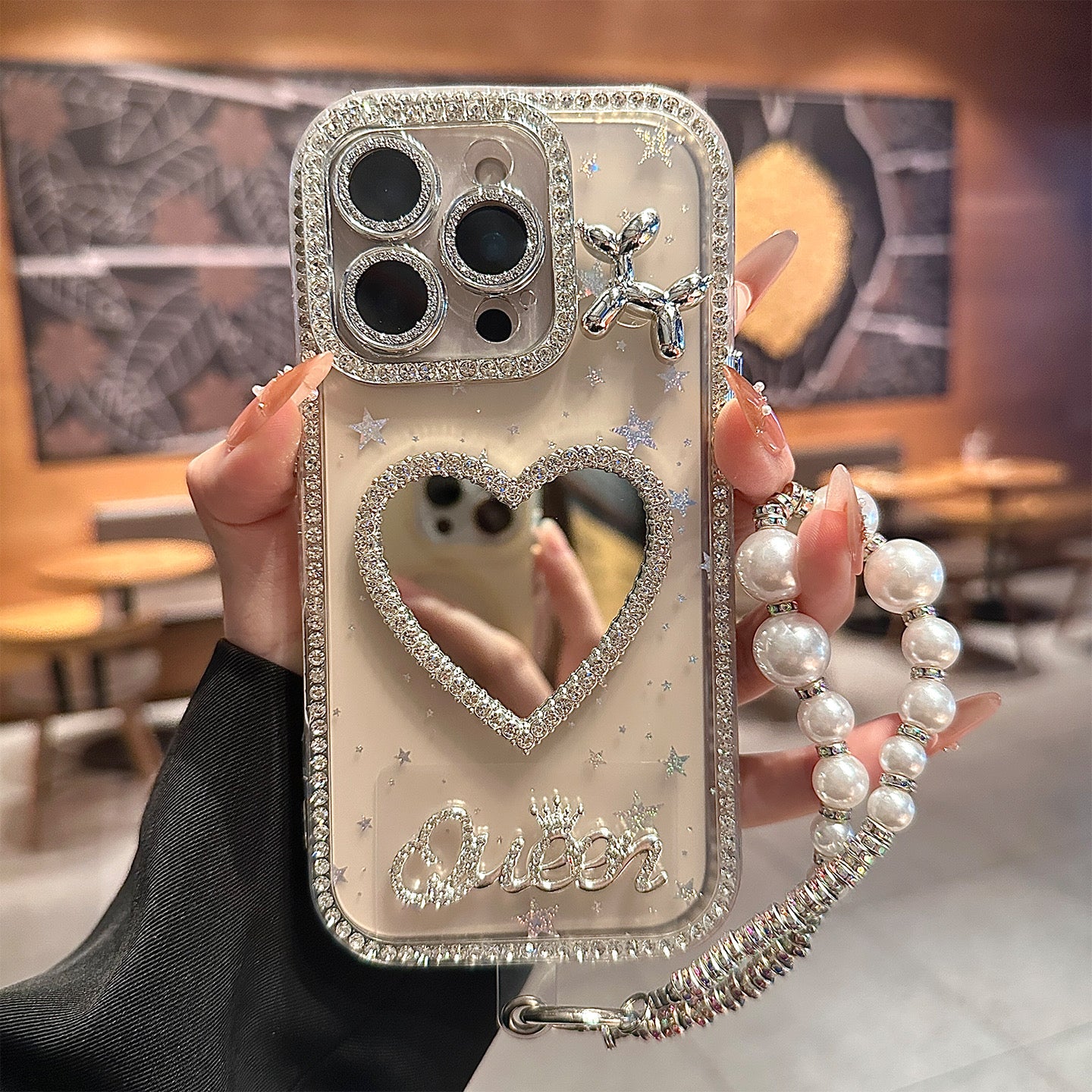 iPhoneケース おしゃれ ハート 熊ちゃん キラキラ ミラー付き スマホケース